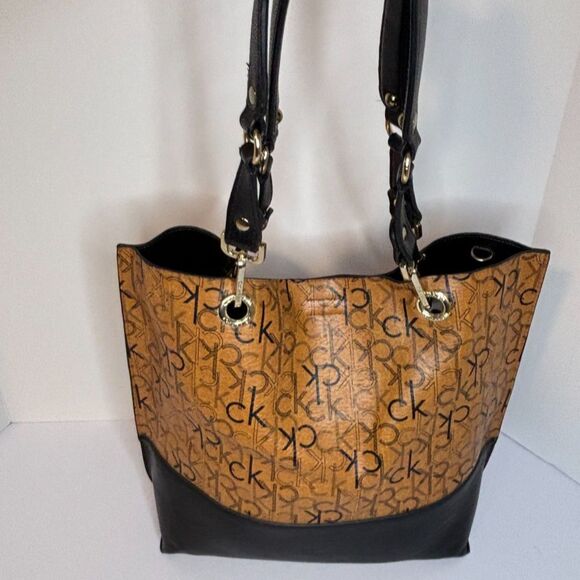 Calvin Klein Leather Tan Black Monogram Shoulder Bag Handbag Purse - Picture 1 of 8